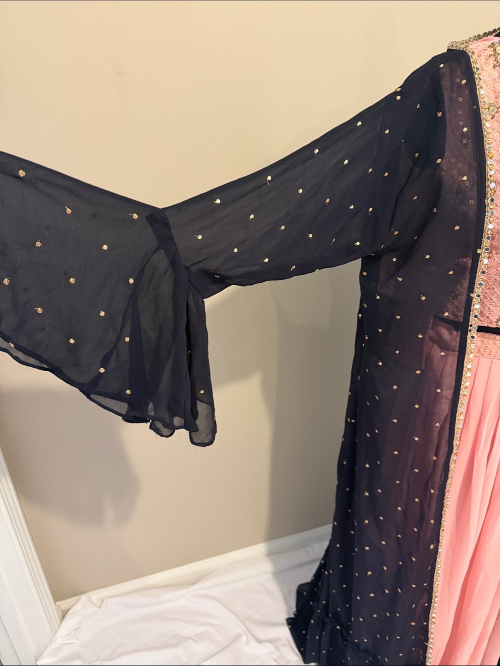 Elegant Pink Embellished Lehenga with Navy Ruffle Jacket Overlay - Picture 4 of 8